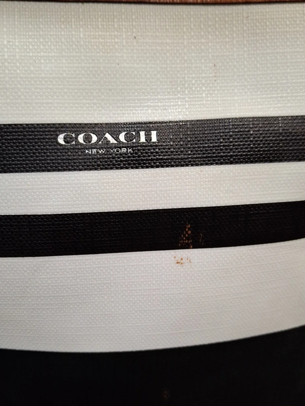 COACH Black & White Striped Tote with Tan Leather Trim Preloved